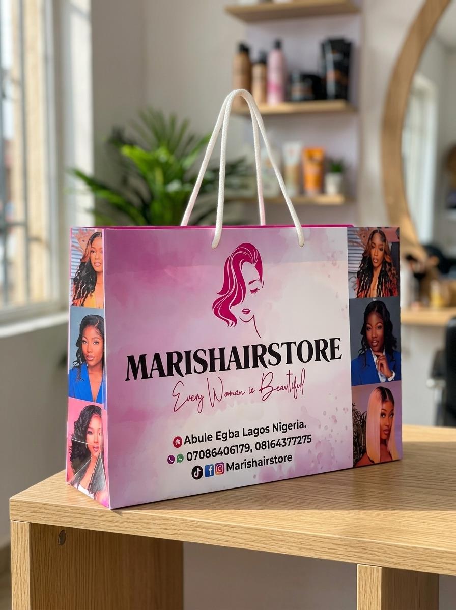 Colourful branded shopping bags arranged beside a window