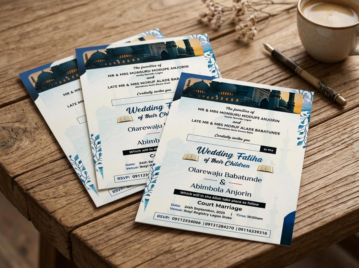 Blue and white wedding invitation cards arranged on a wooden table