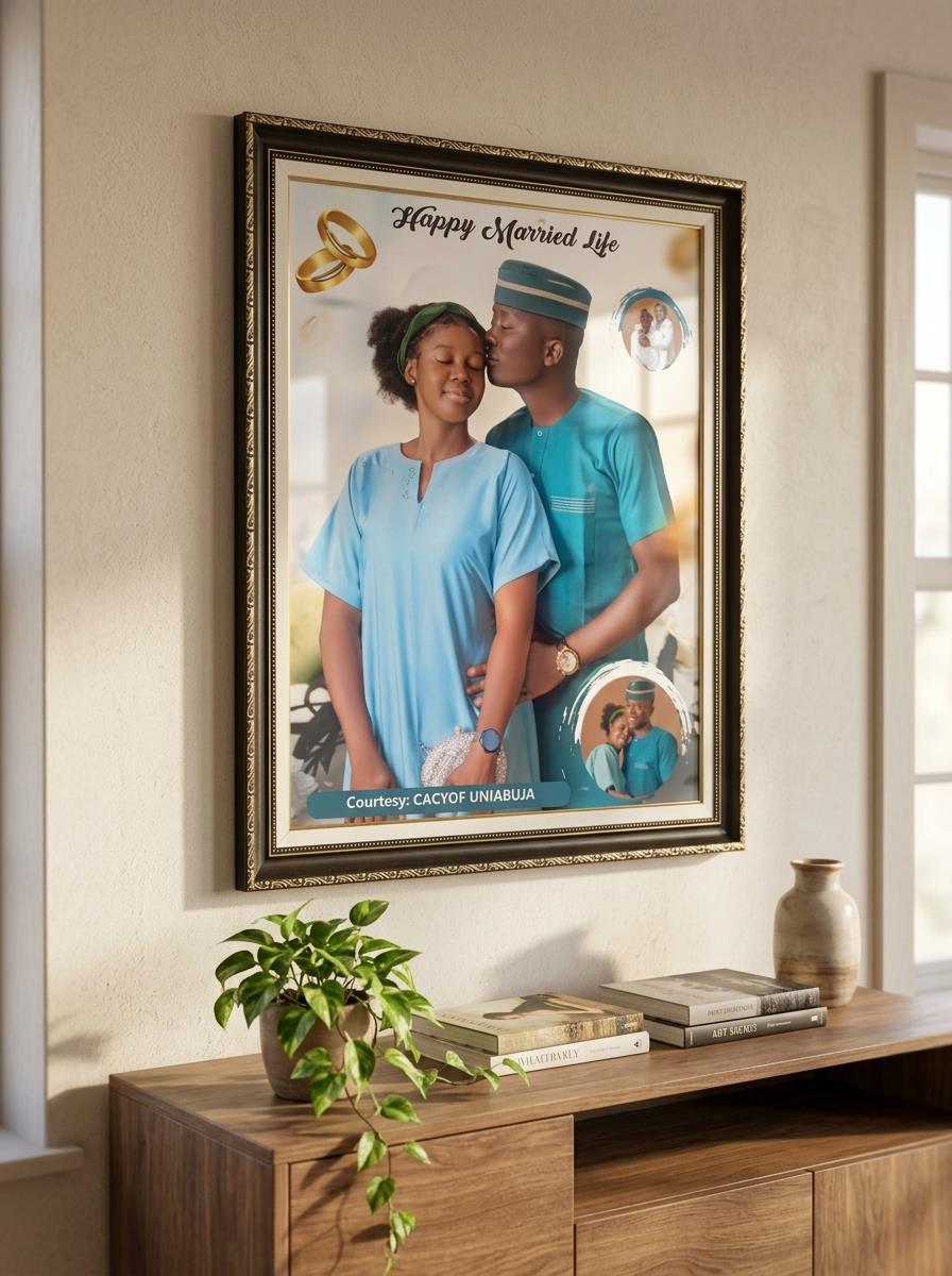 Framed anniversary portrait print displayed in a modern home