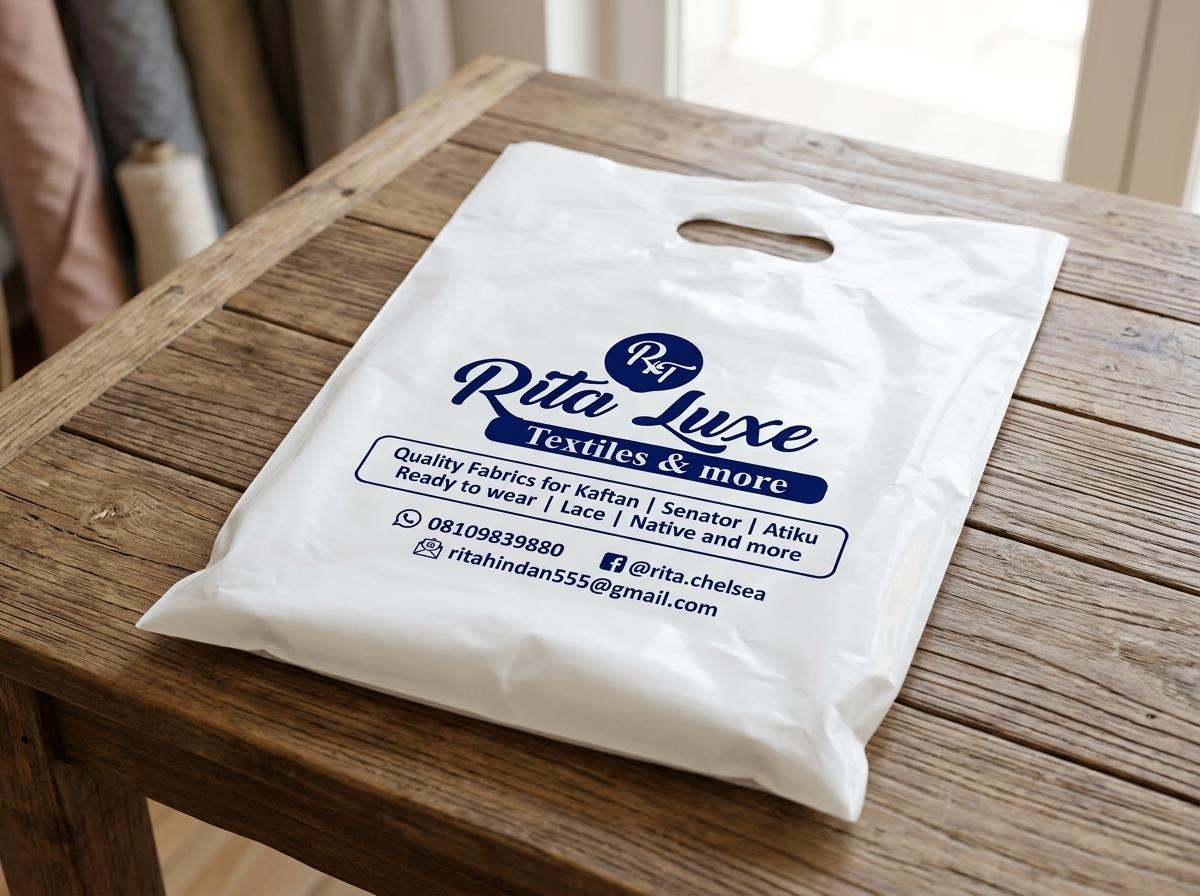 White branded nylon packaging bag photographed on a wooden table