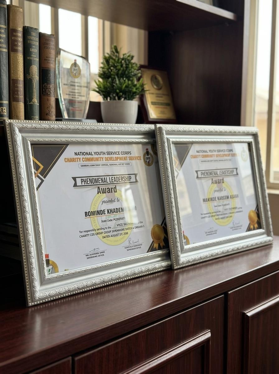 Framed printed certificates displayed on a cabinet