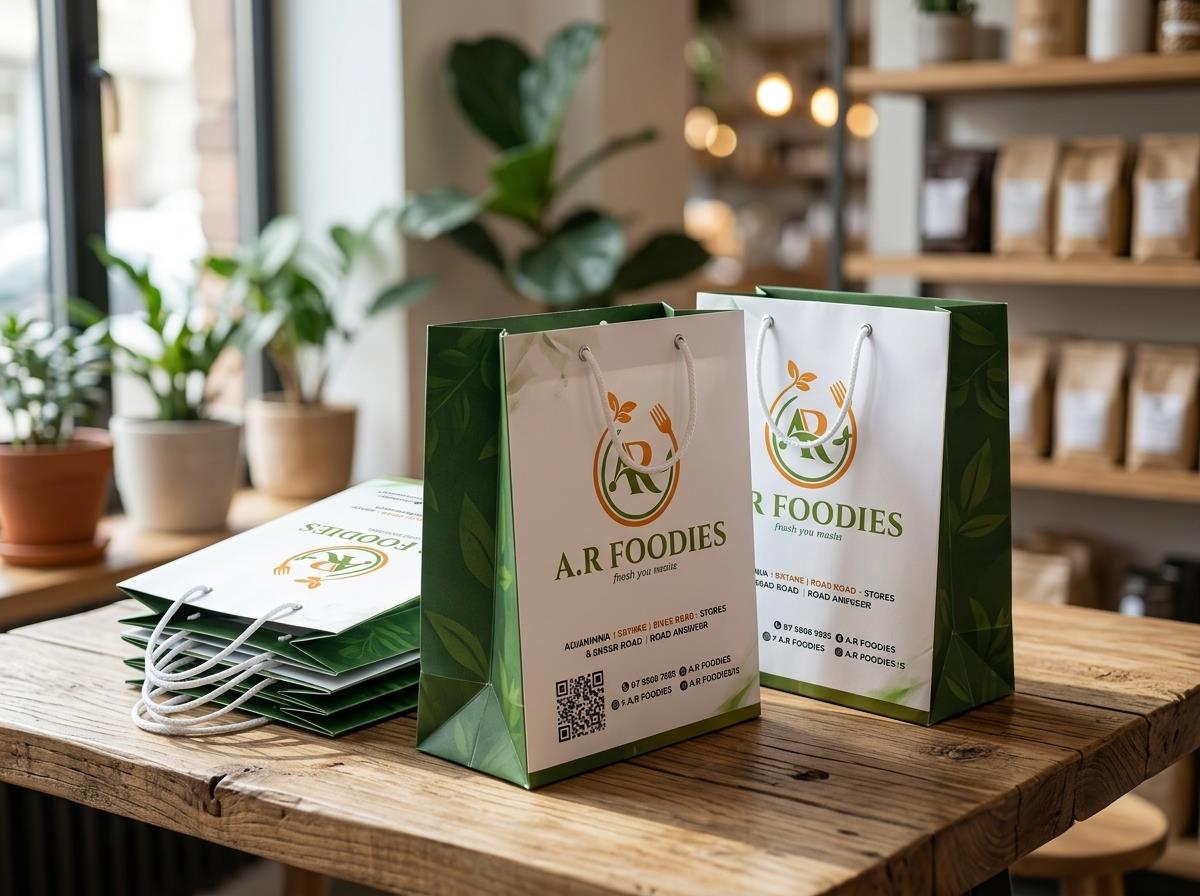 Custom branded paper bags displayed in a retail setting