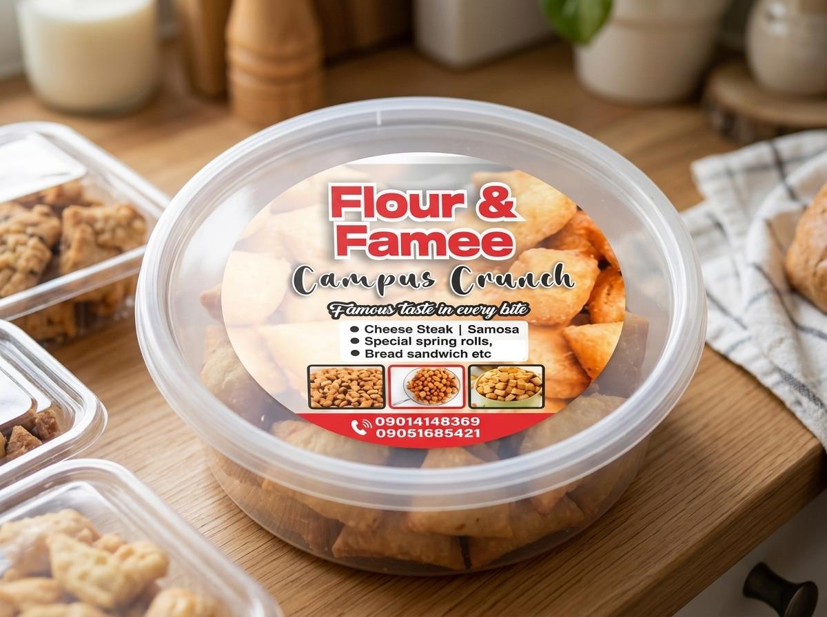 Branded food packaging label on a product container